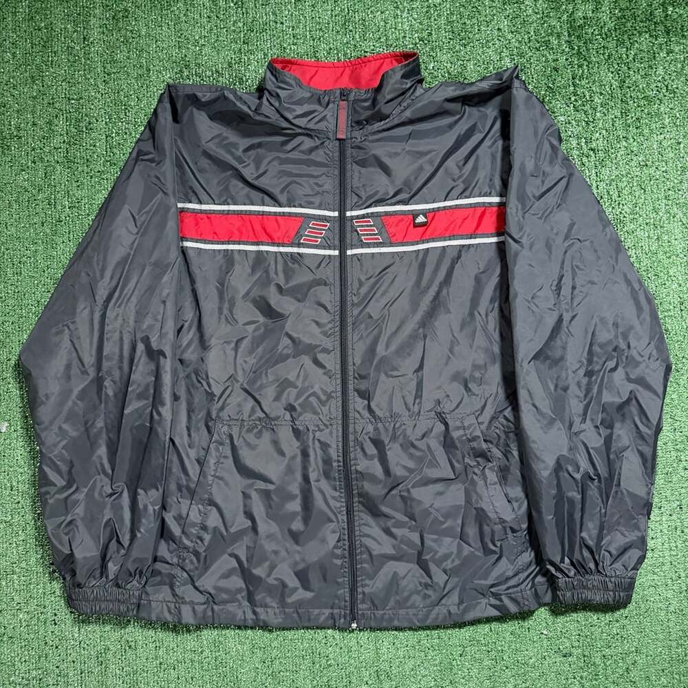 Y2K Adidas Windbreaker Jacket Size Large Gray Red Full Zip Nylon